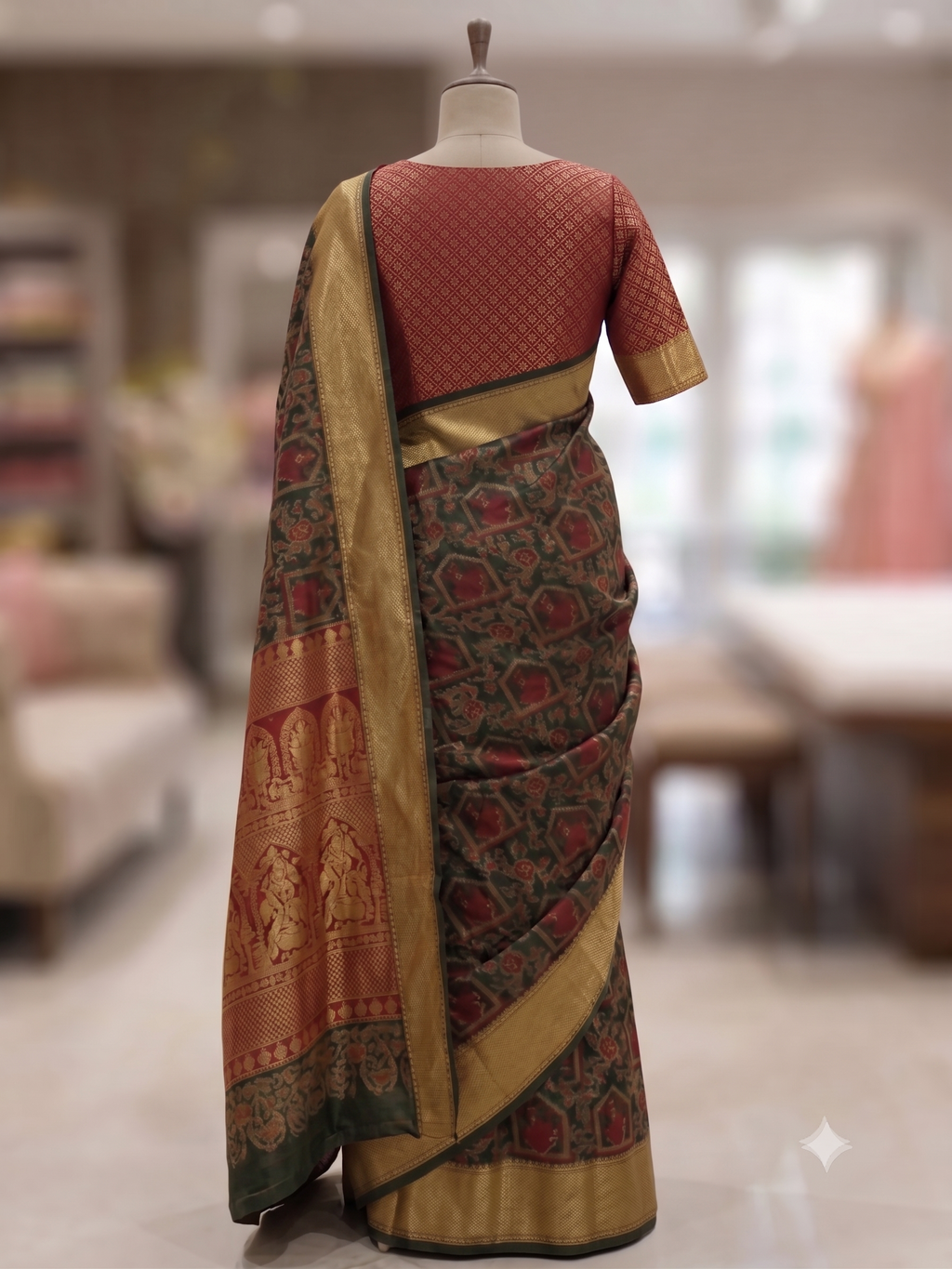 Regal Black & Maroon Printed Saree with Rich Gold Zari Border and Traditional Pallu