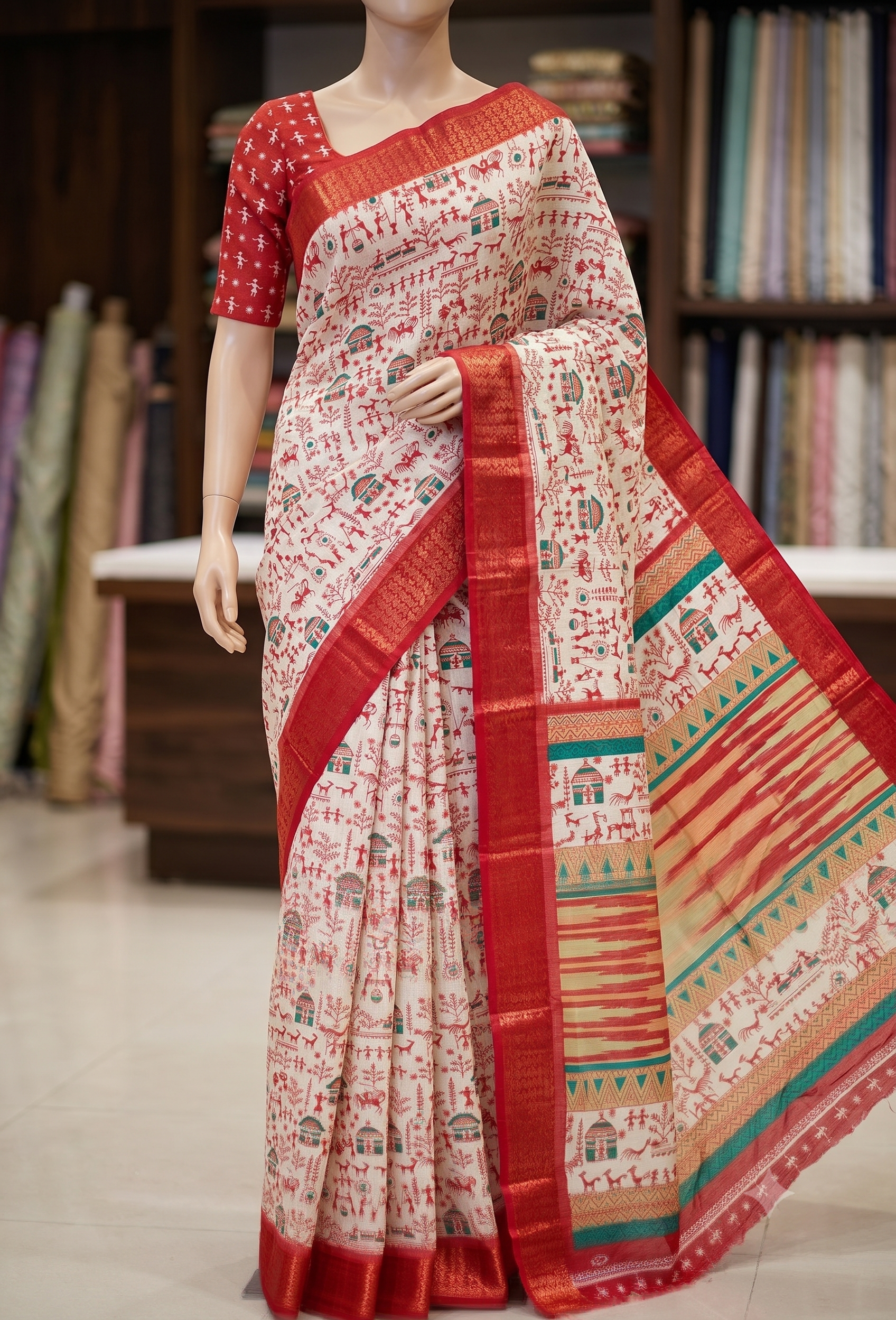 Elegant Ivory &amp; Red Traditional Printed Saree with Teal Accents and Rich Zari Border