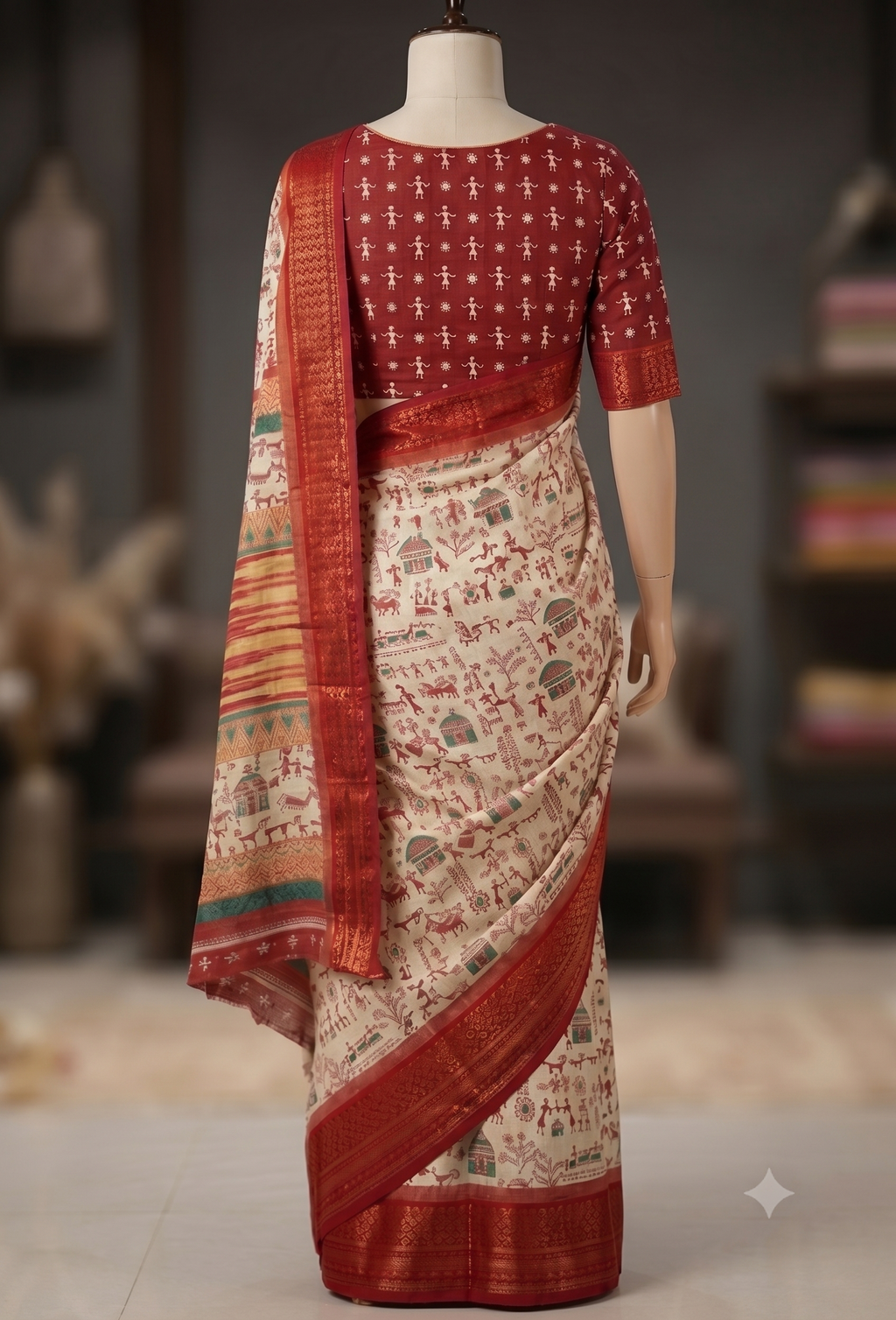 Elegant Ivory &amp; Red Traditional Printed Saree with Teal Accents and Rich Zari Border