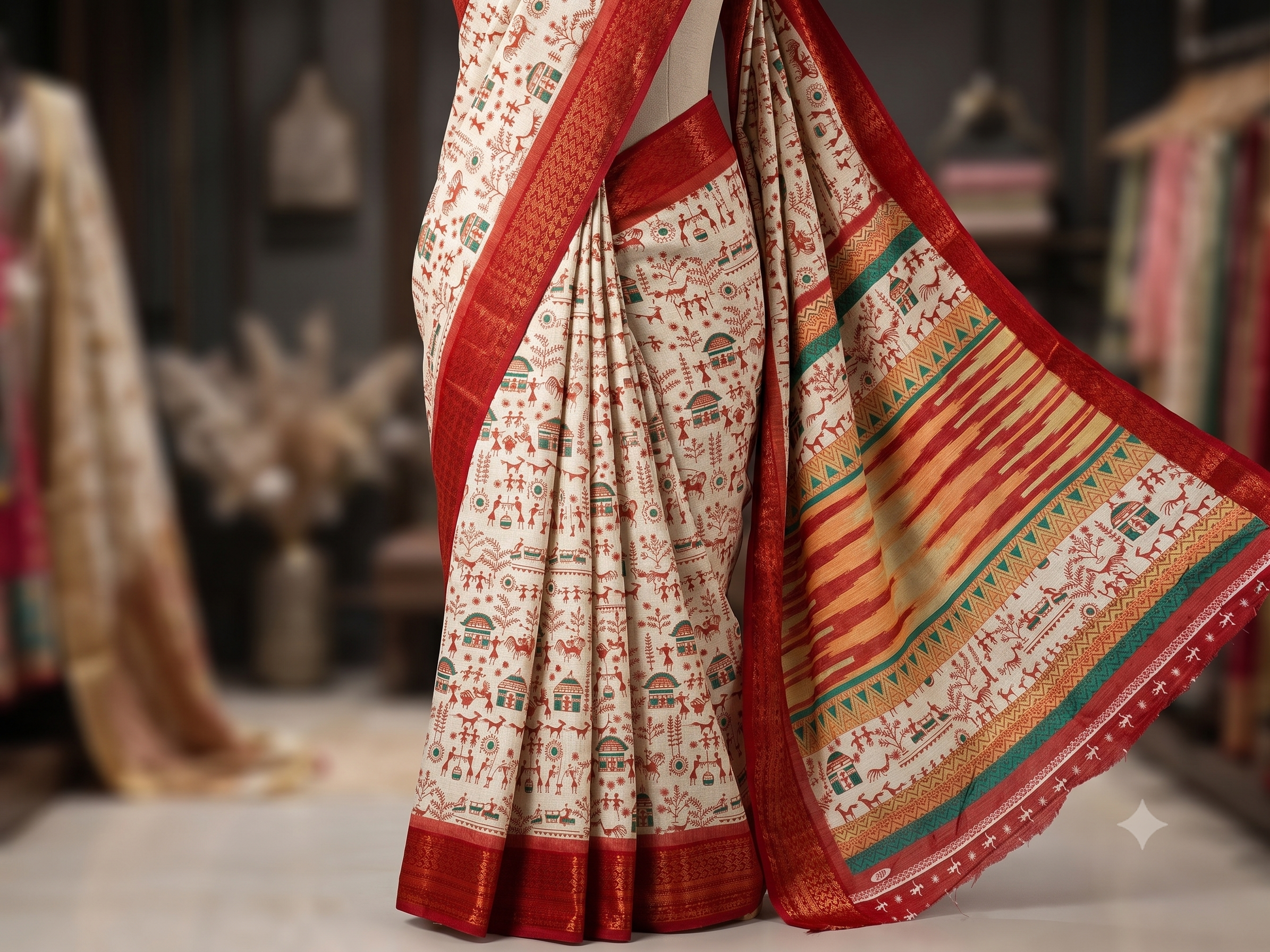 Elegant Ivory &amp; Red Traditional Printed Saree with Teal Accents and Rich Zari Border