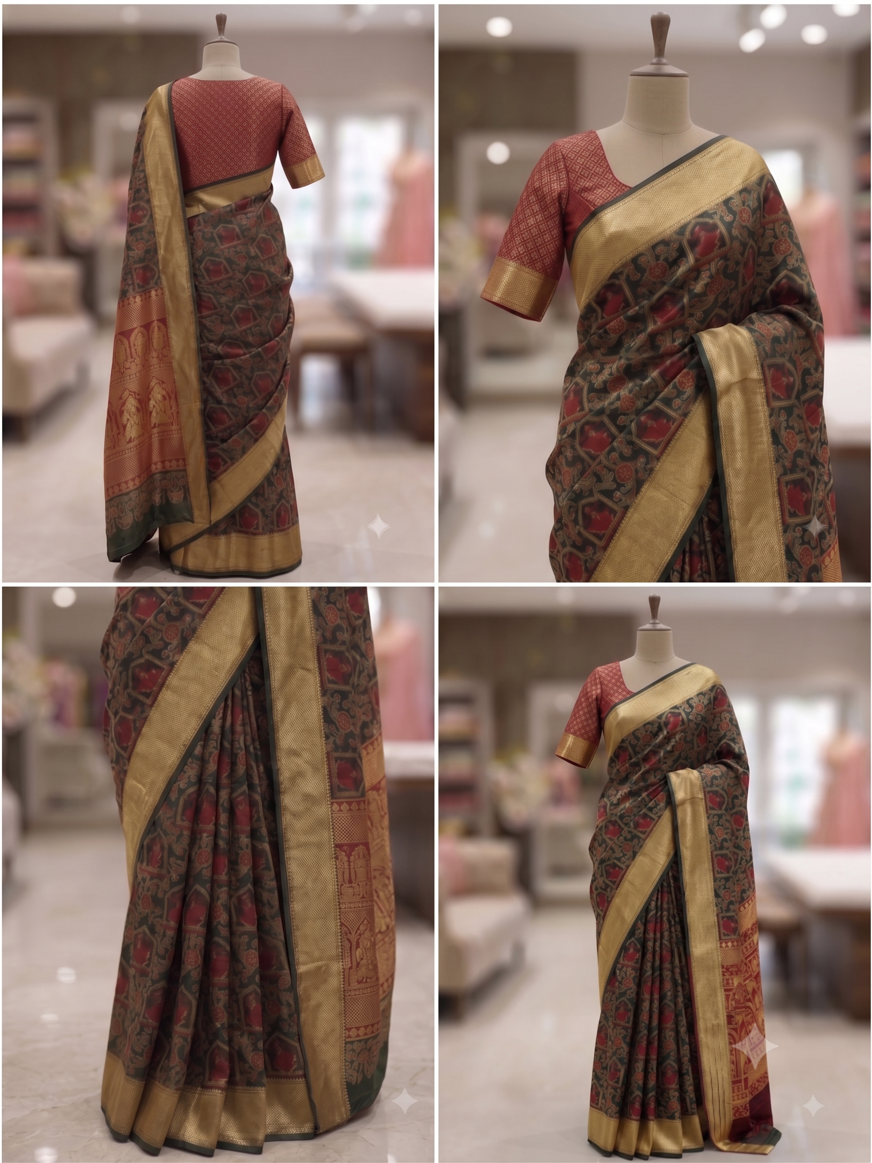 Regal Black & Maroon Printed Saree with Rich Gold Zari Border and Traditional Pallu