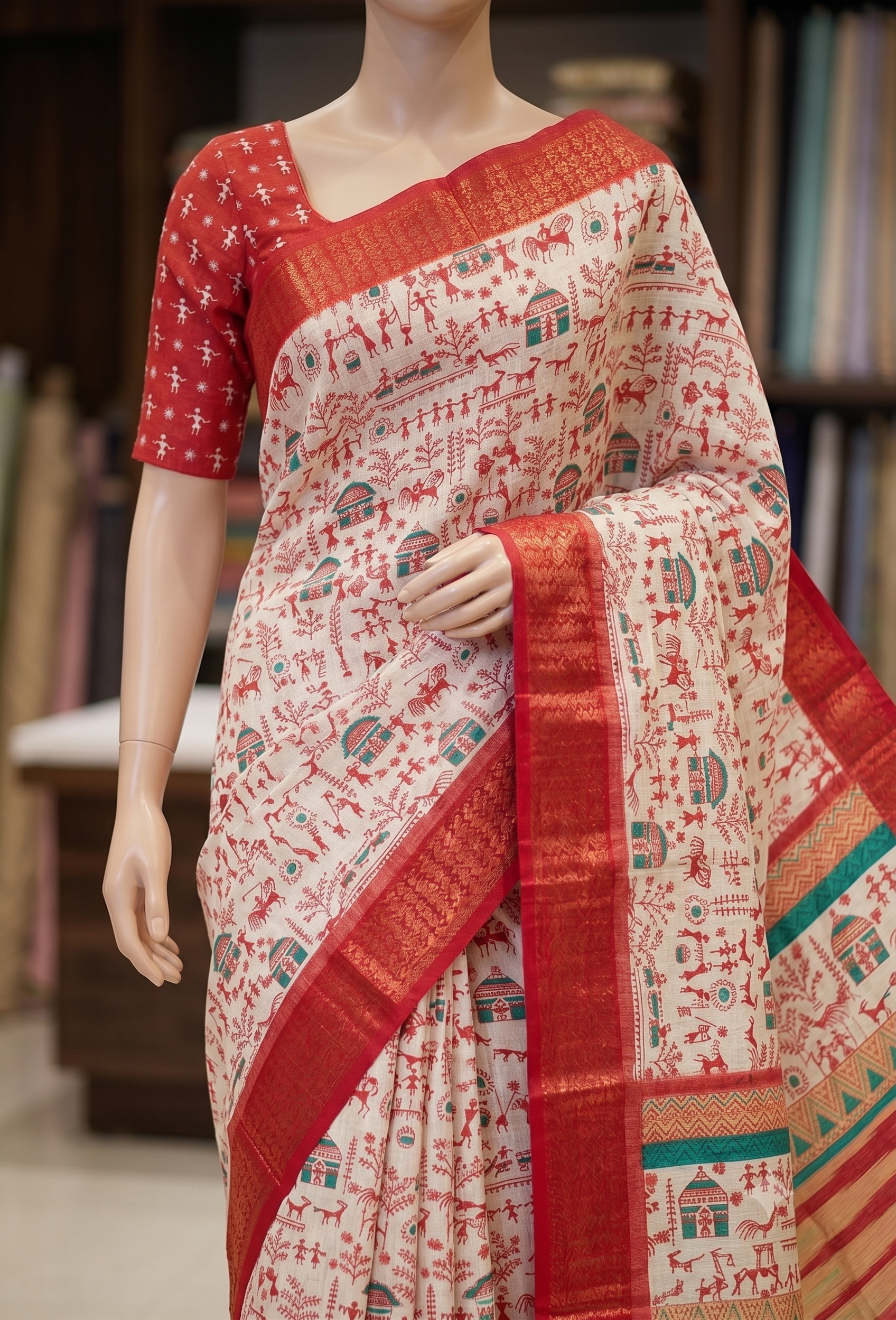 Elegant Ivory &amp; Red Traditional Printed Saree with Teal Accents and Rich Zari Border