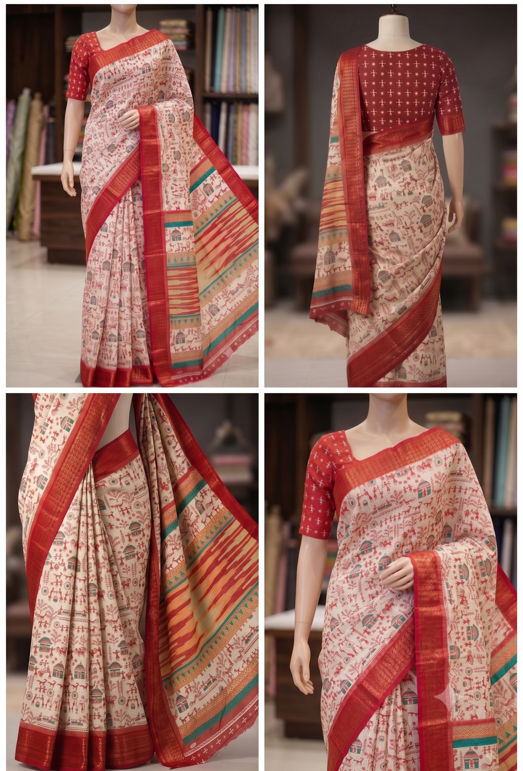 Elegant Ivory &amp; Red Traditional Printed Saree with Teal Accents and Rich Zari Border