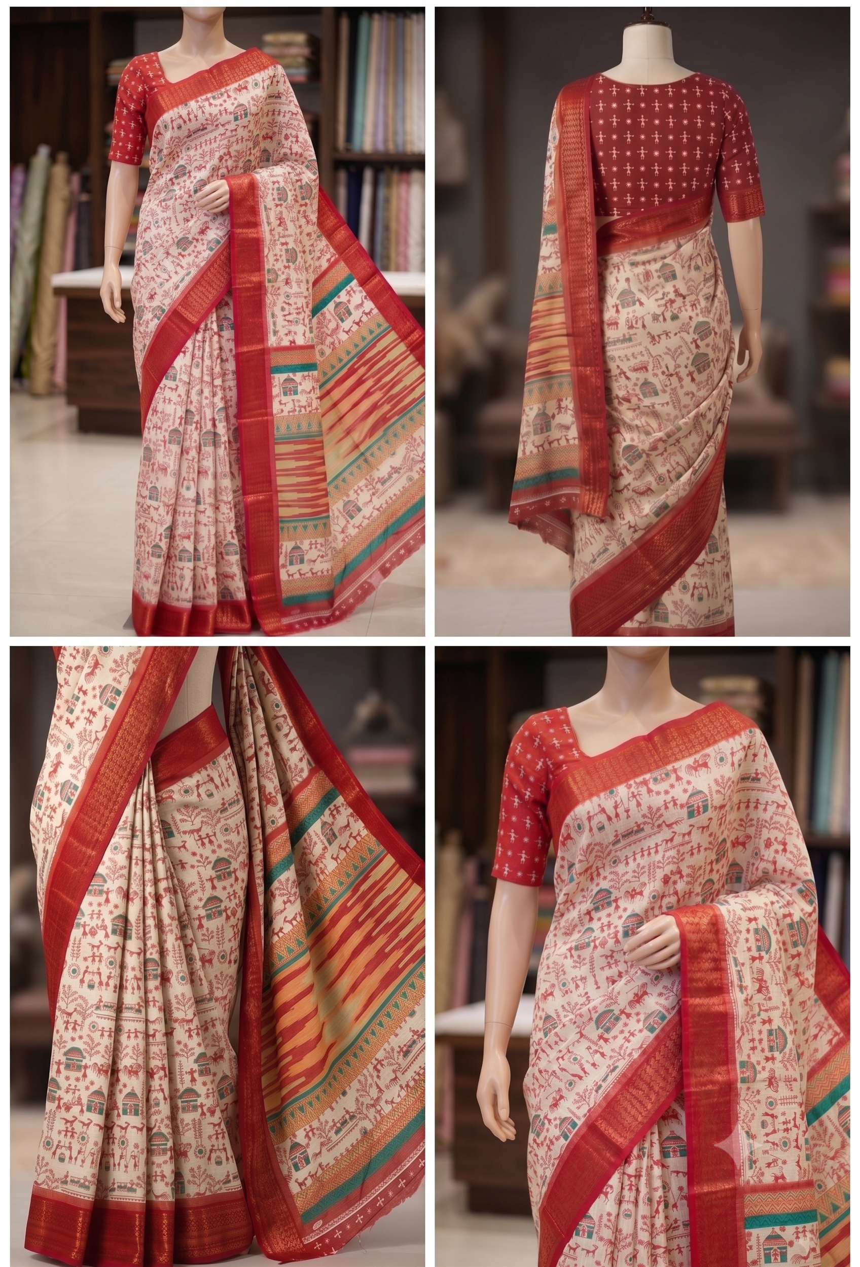 Elegant Ivory &amp; Red Traditional Printed Saree with Teal Accents and Rich Zari Border