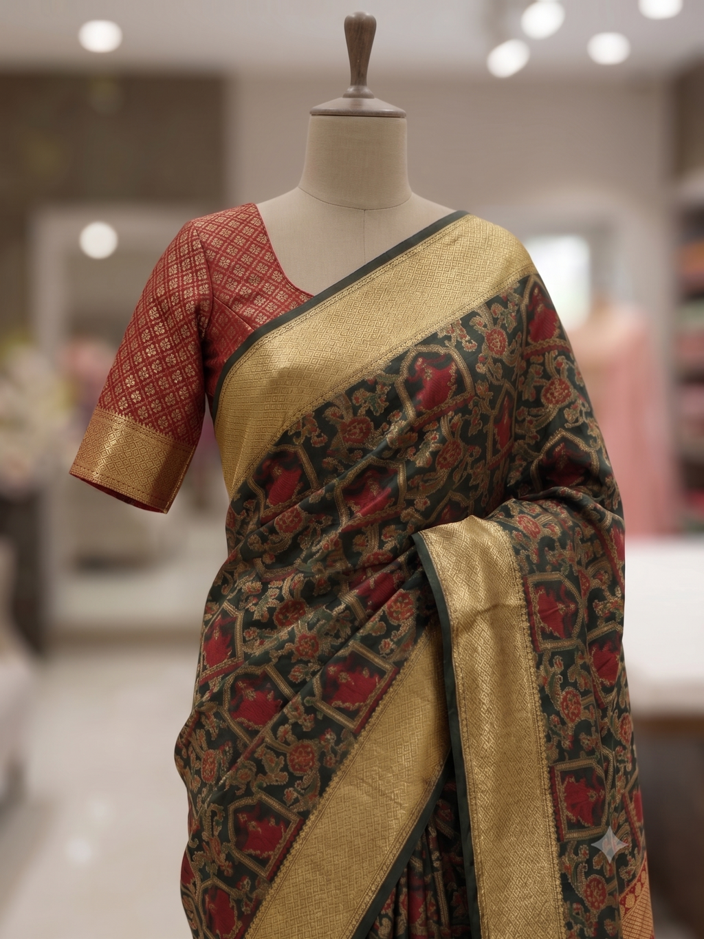 Regal Black & Maroon Printed Saree with Rich Gold Zari Border and Traditional Pallu