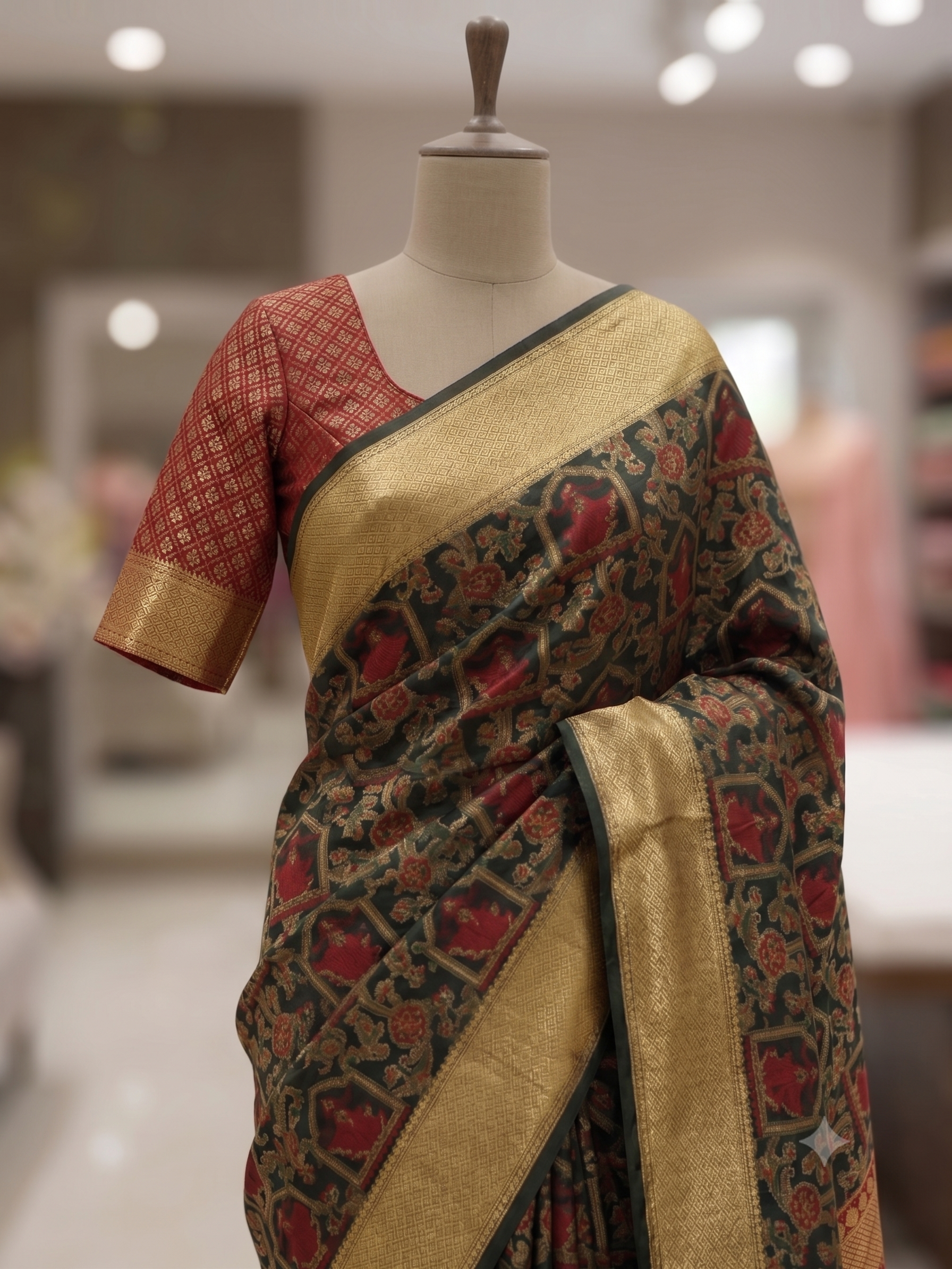 Regal Black & Maroon Printed Saree with Rich Gold Zari Border and Traditional Pallu