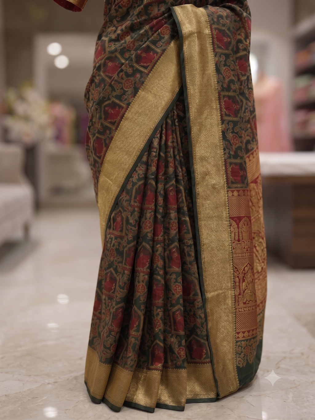 Regal Black & Maroon Printed Saree with Rich Gold Zari Border and Traditional Pallu