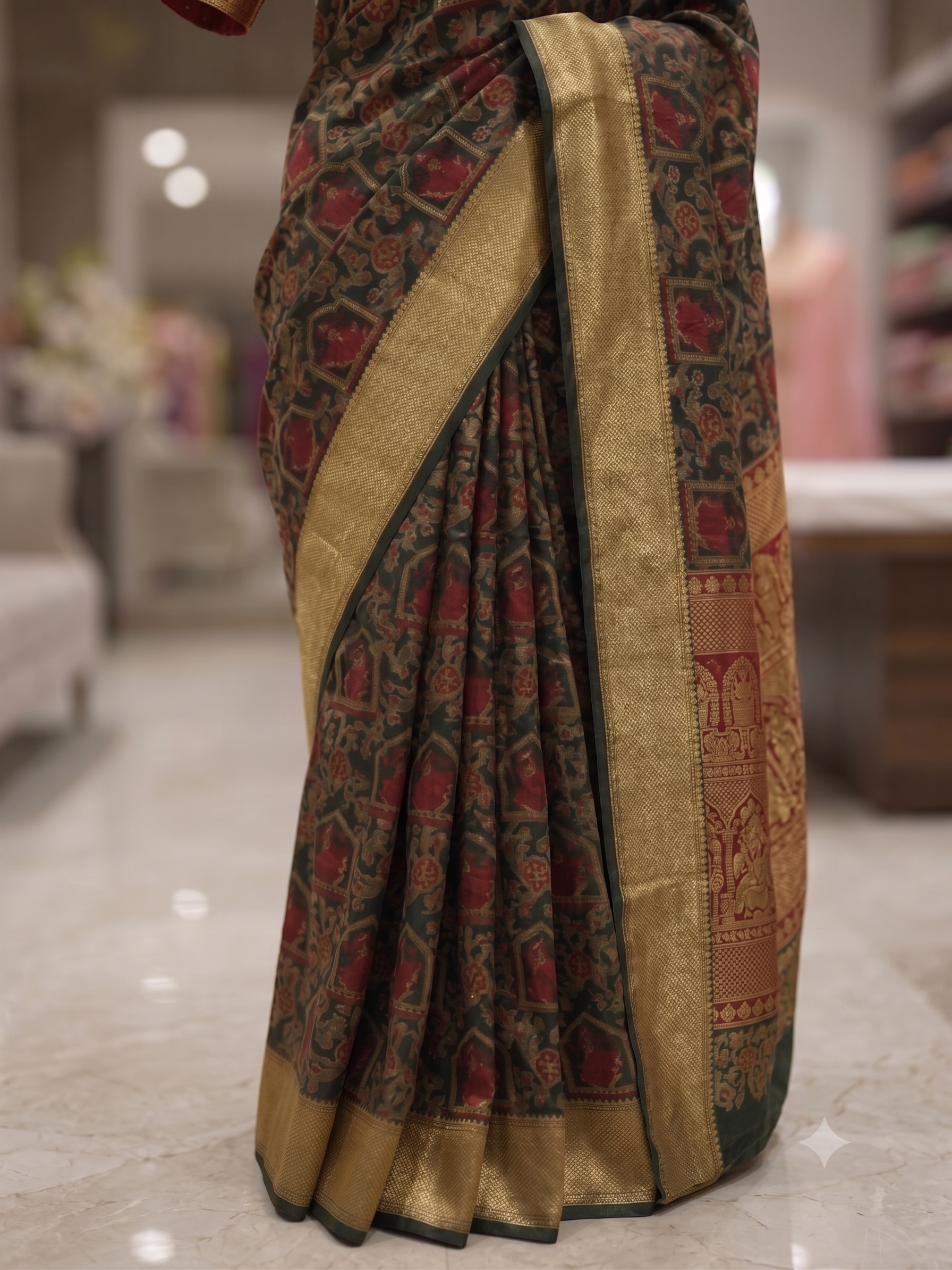 Regal Black & Maroon Printed Saree with Rich Gold Zari Border and Traditional Pallu