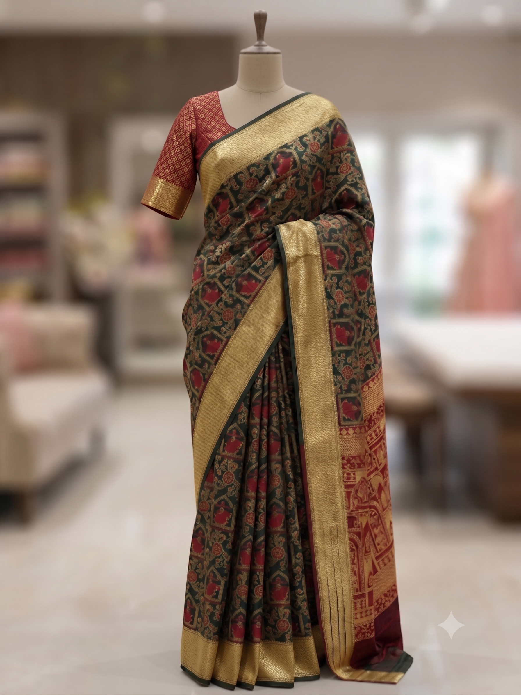Regal Black & Maroon Printed Saree with Rich Gold Zari Border and Traditional Pallu