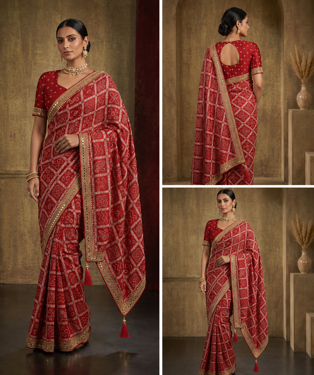 Traditional Red Bandhani Print Saree with Elegant Golden Border