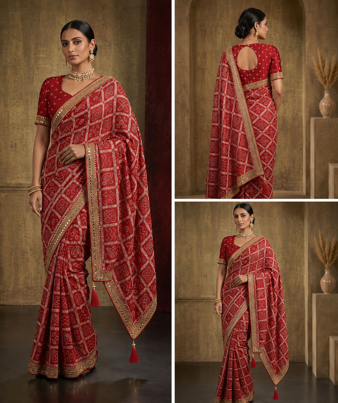 Traditional Red Bandhani Print Saree with Elegant Golden Border