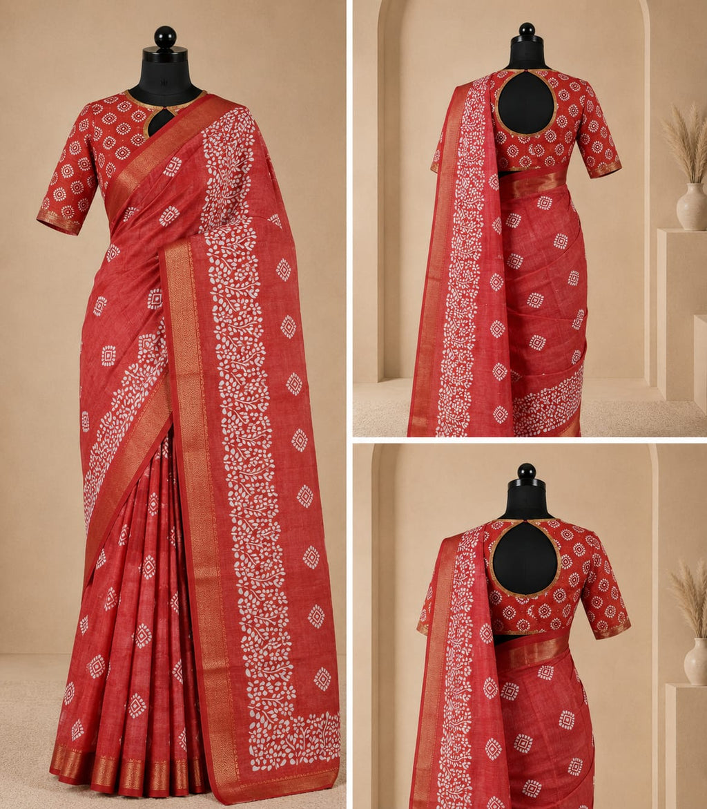 Red Bandhani Print Saree with Traditional Golden Border