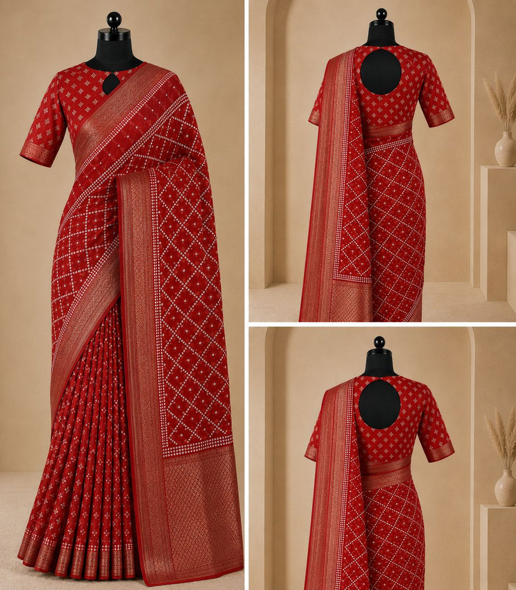 Traditional Red Bandhani Print Saree with Rich Woven Border