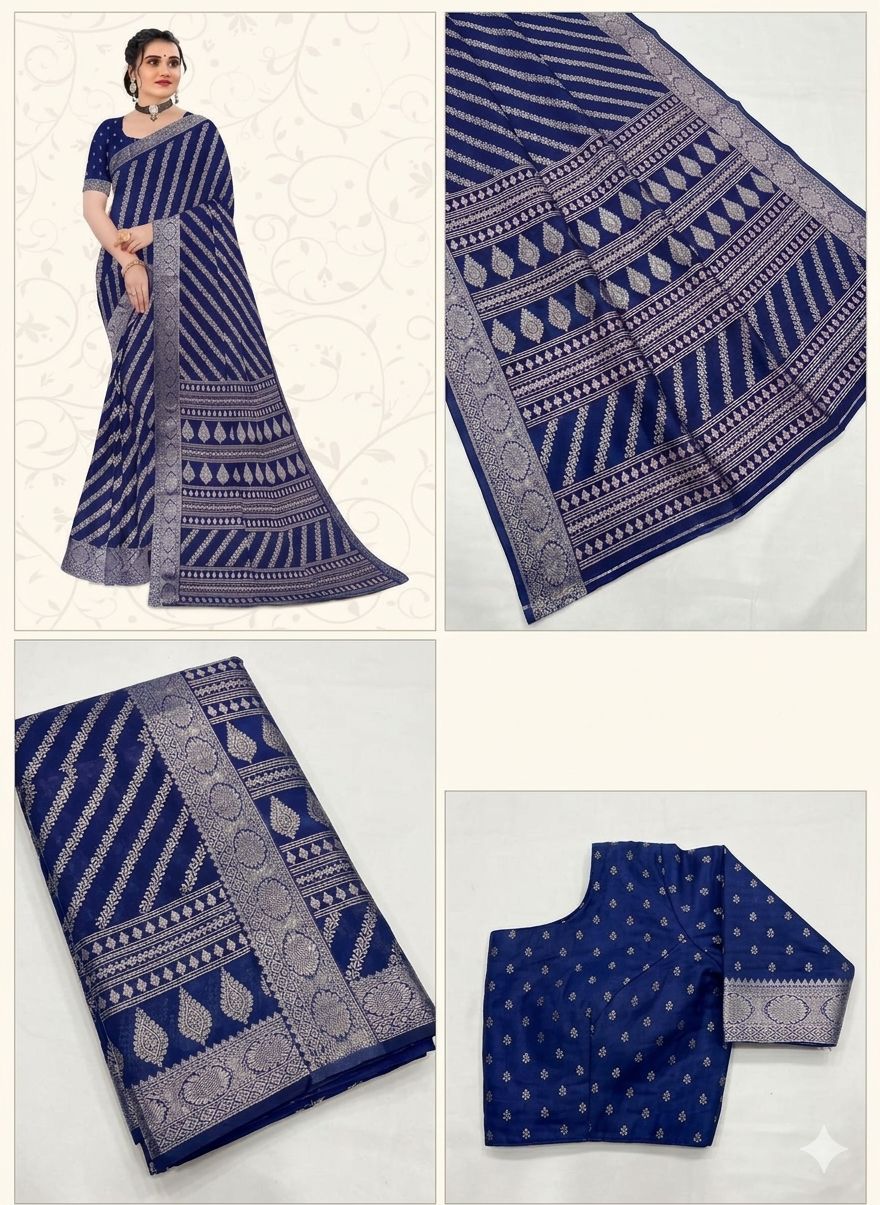 Royal Blue Printed Saree with Elegant Traditional Border