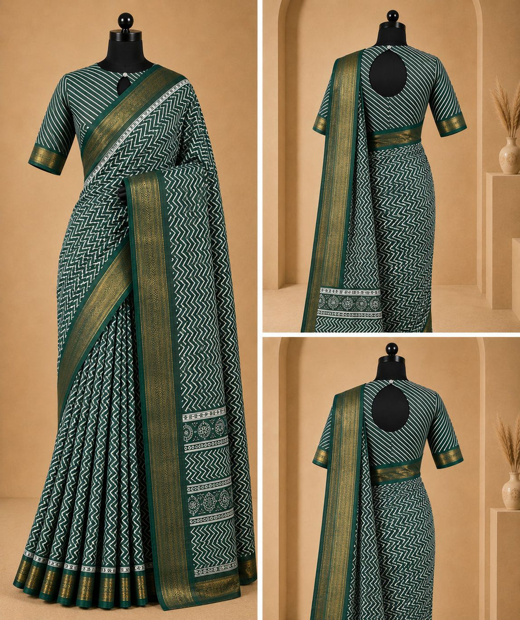 Emerald Green Zigzag Print Saree