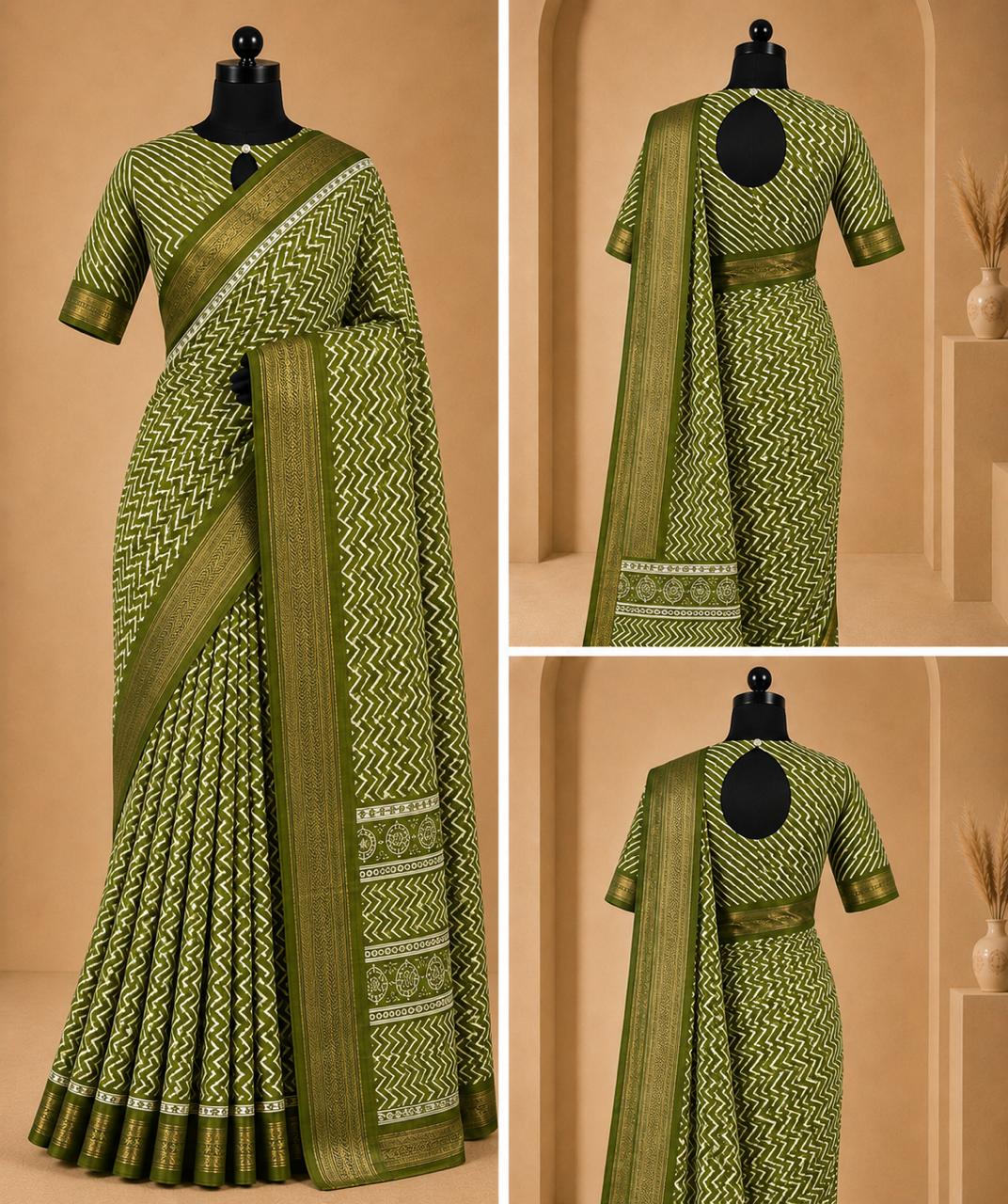 Olive Green Printed Saree