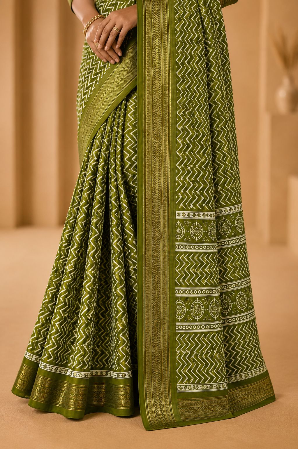 Olive Green Printed Saree