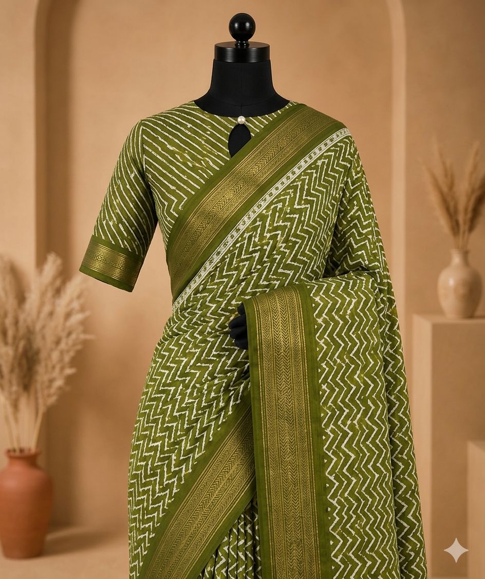 Olive Green Printed Saree