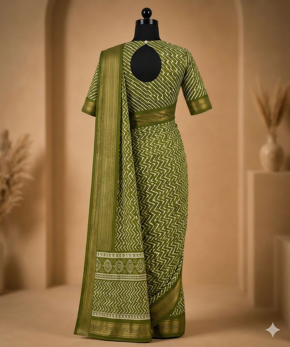 Olive Green Printed Saree