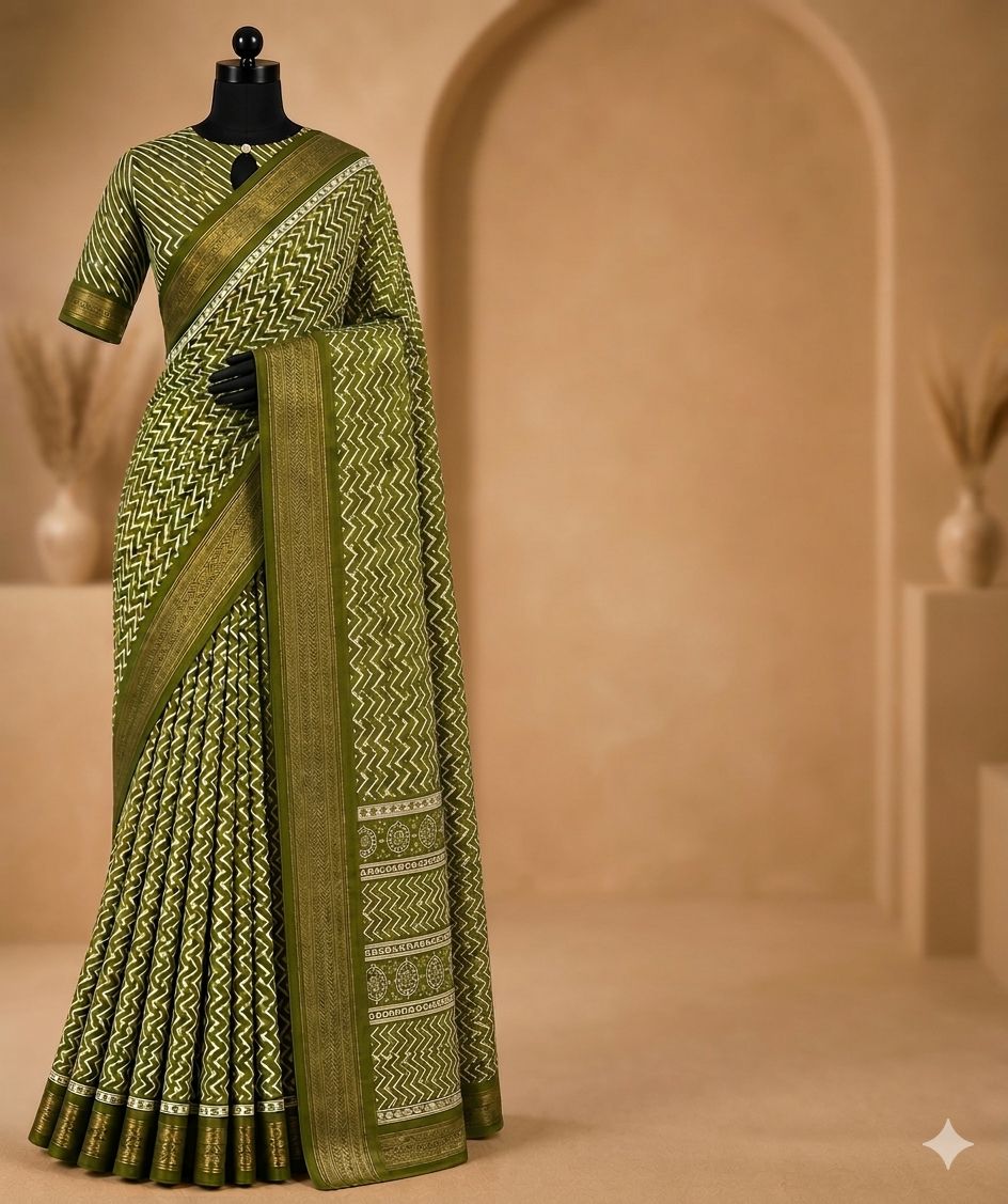 Olive Green Printed Saree