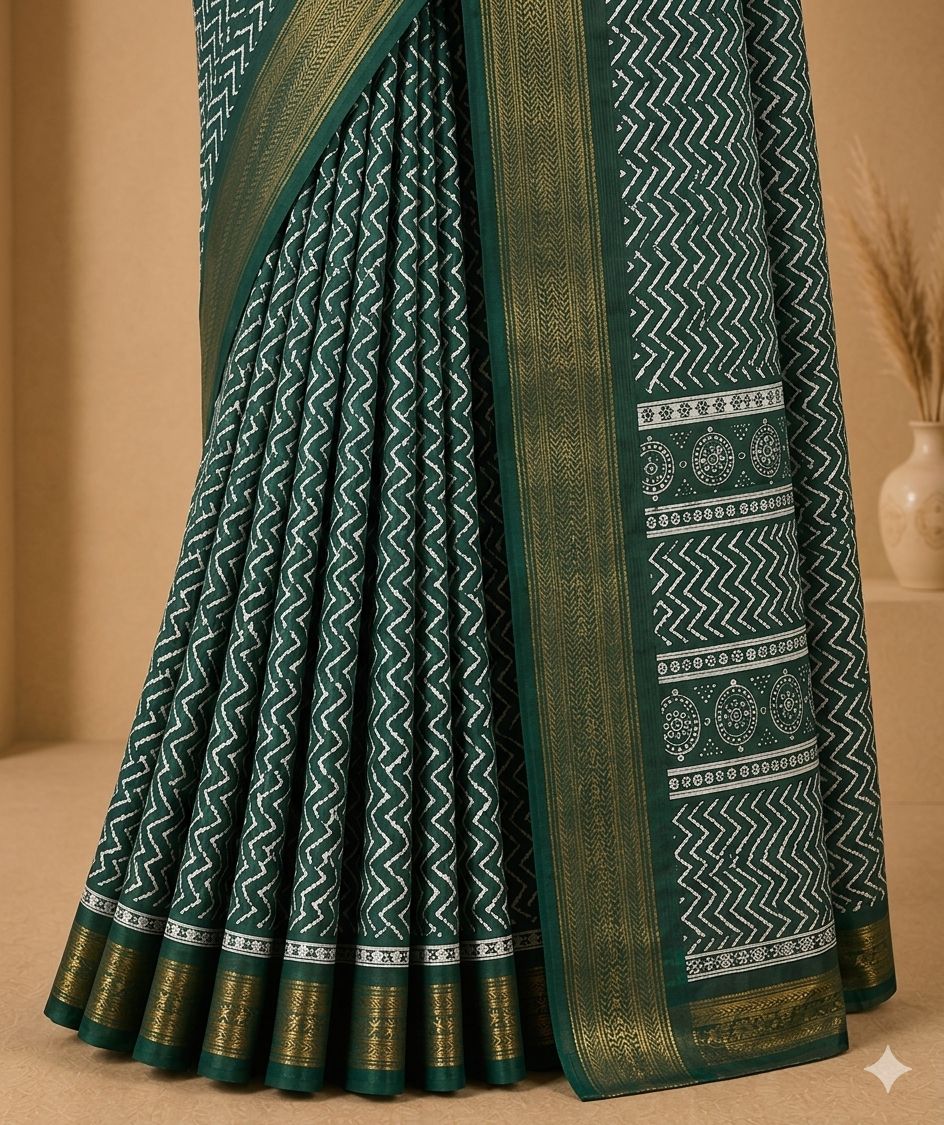 Emerald Green Zigzag Print Saree