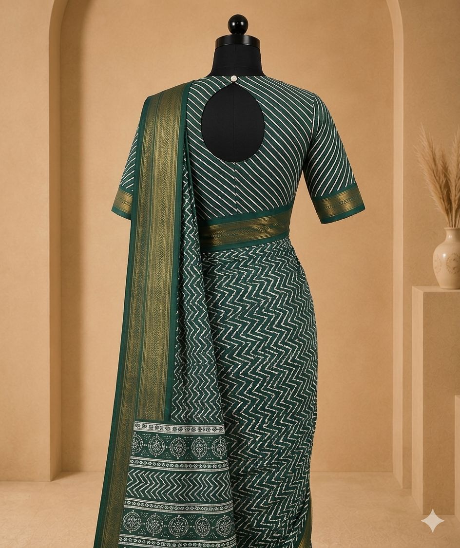 Emerald Green Zigzag Print Saree
