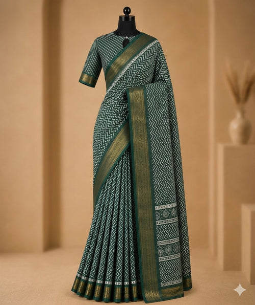 Emerald Green Zigzag Print Saree