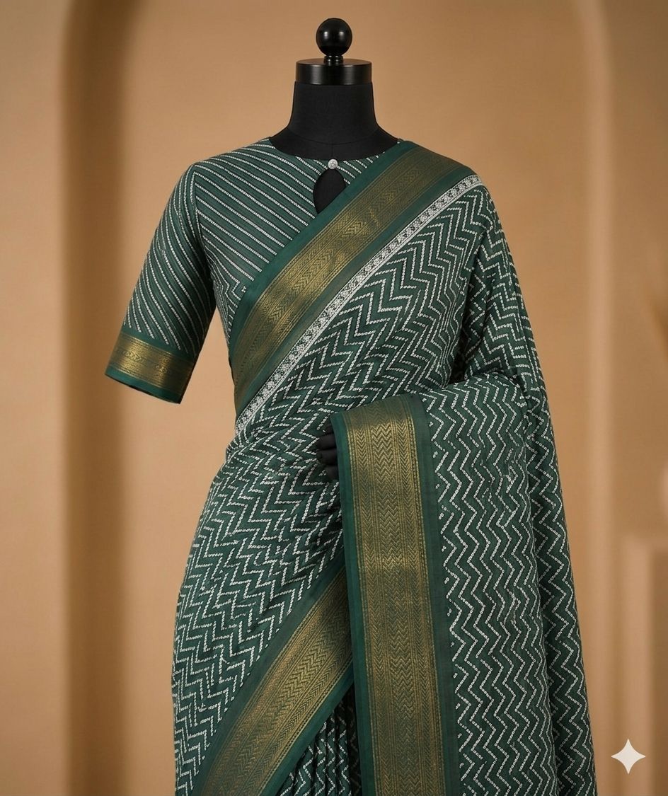 Emerald Green Zigzag Print Saree