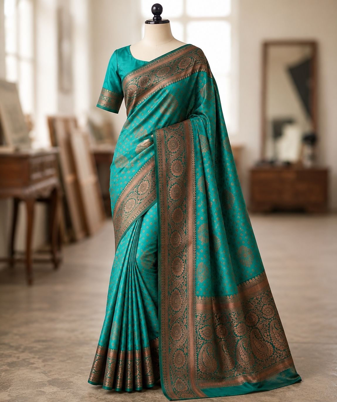 Teal Blue Banarasi Style Woven Saree
