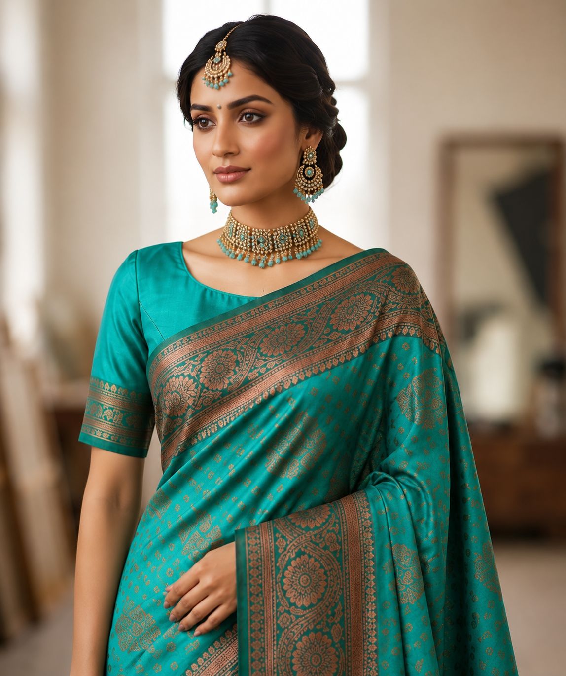 Teal Blue Banarasi Style Woven Saree