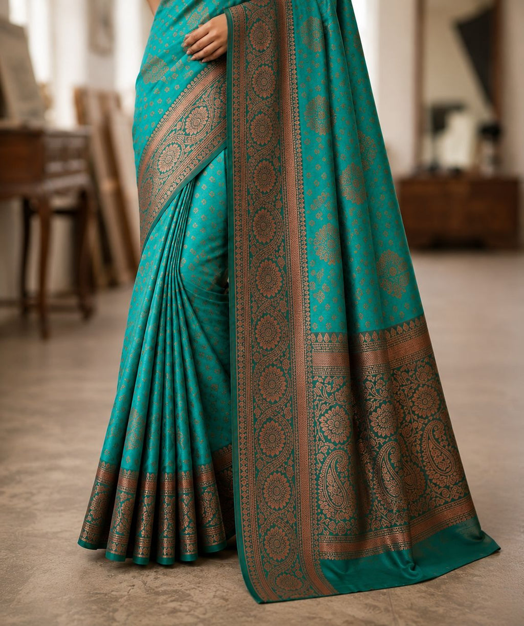 Teal Blue Banarasi Style Woven Saree
