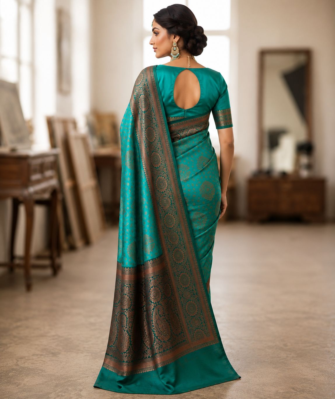 Teal Blue Banarasi Style Woven Saree