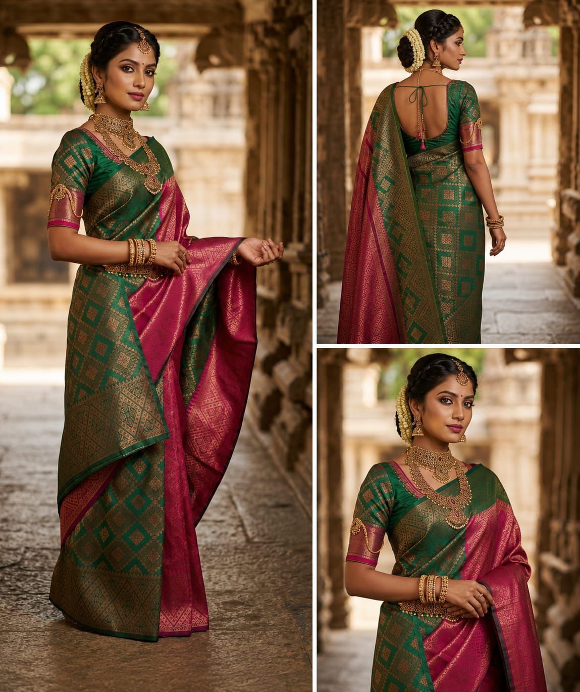 Emerald Green & Rani Pink Banarasi Silk Saree