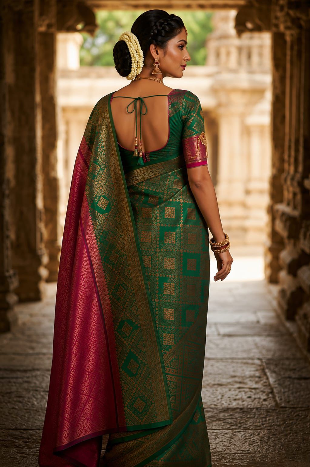 Emerald Green & Rani Pink Banarasi Silk Saree