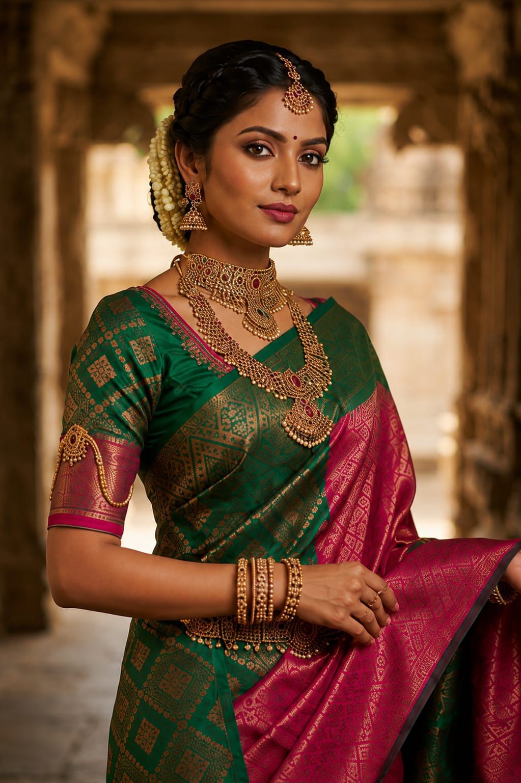 Emerald Green & Rani Pink Banarasi Silk Saree