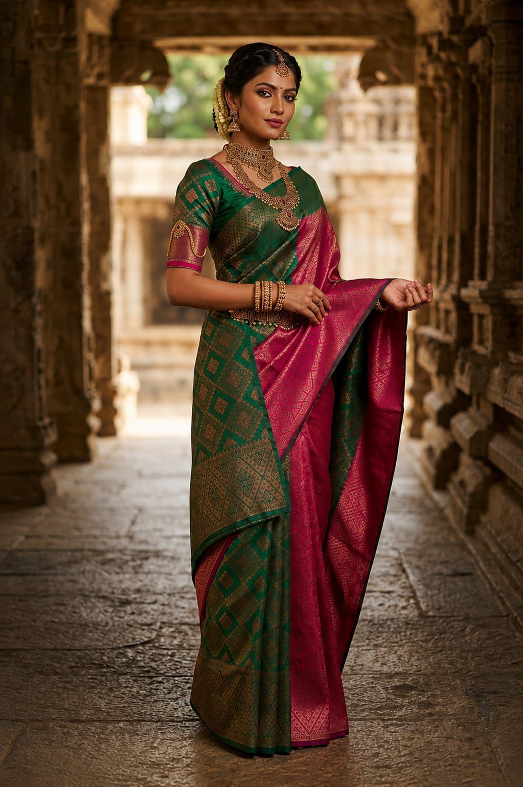 Emerald Green & Rani Pink Banarasi Silk Saree