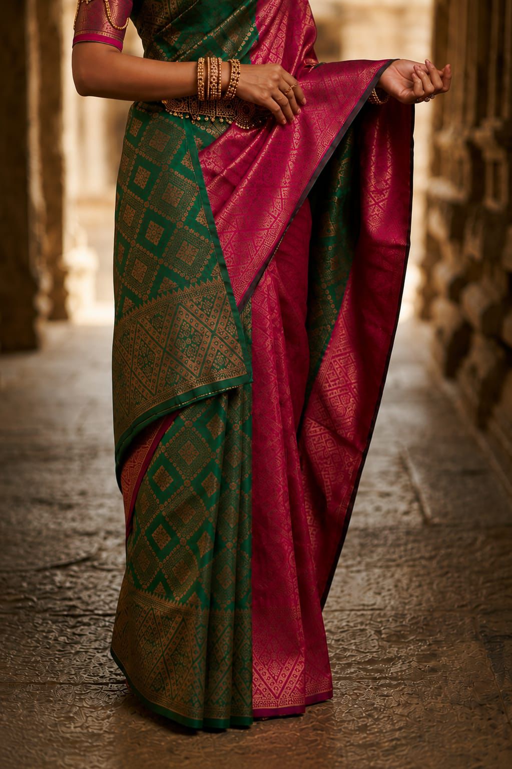 Emerald Green & Rani Pink Banarasi Silk Saree