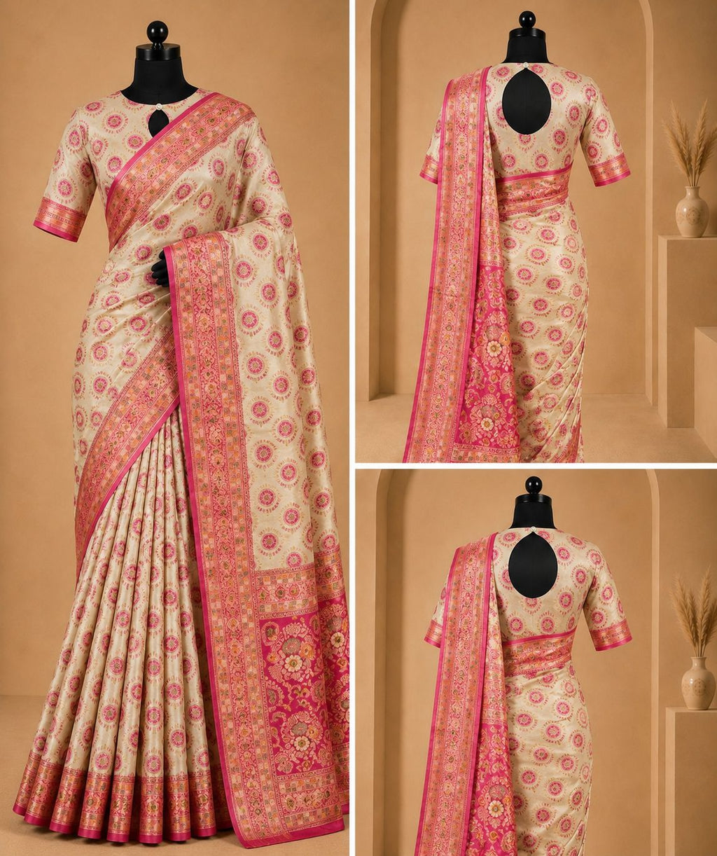 Royal Ivory & Rani Pink Silk Saree