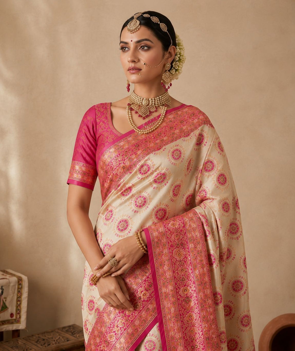 Royal Ivory & Rani Pink Silk Saree