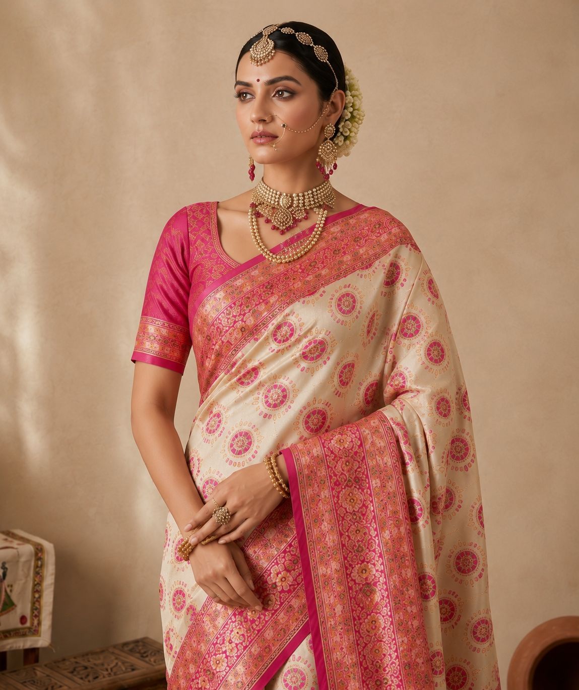 Royal Ivory & Rani Pink Silk Saree