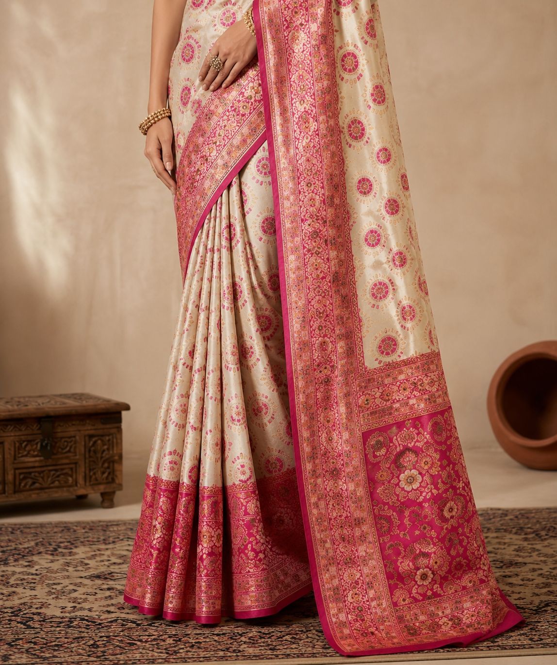 Royal Ivory & Rani Pink Silk Saree