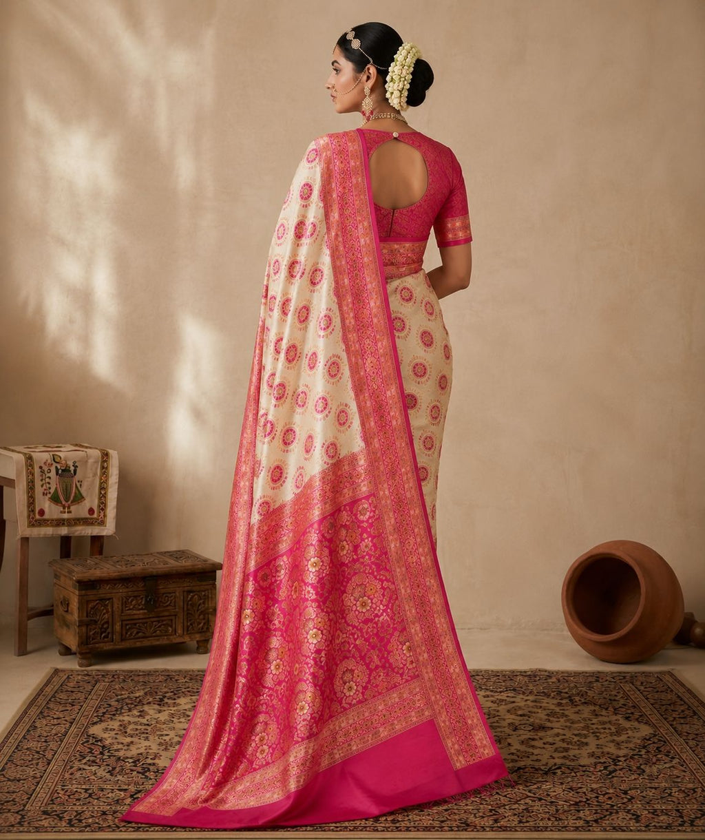 Royal Ivory & Rani Pink Silk Saree