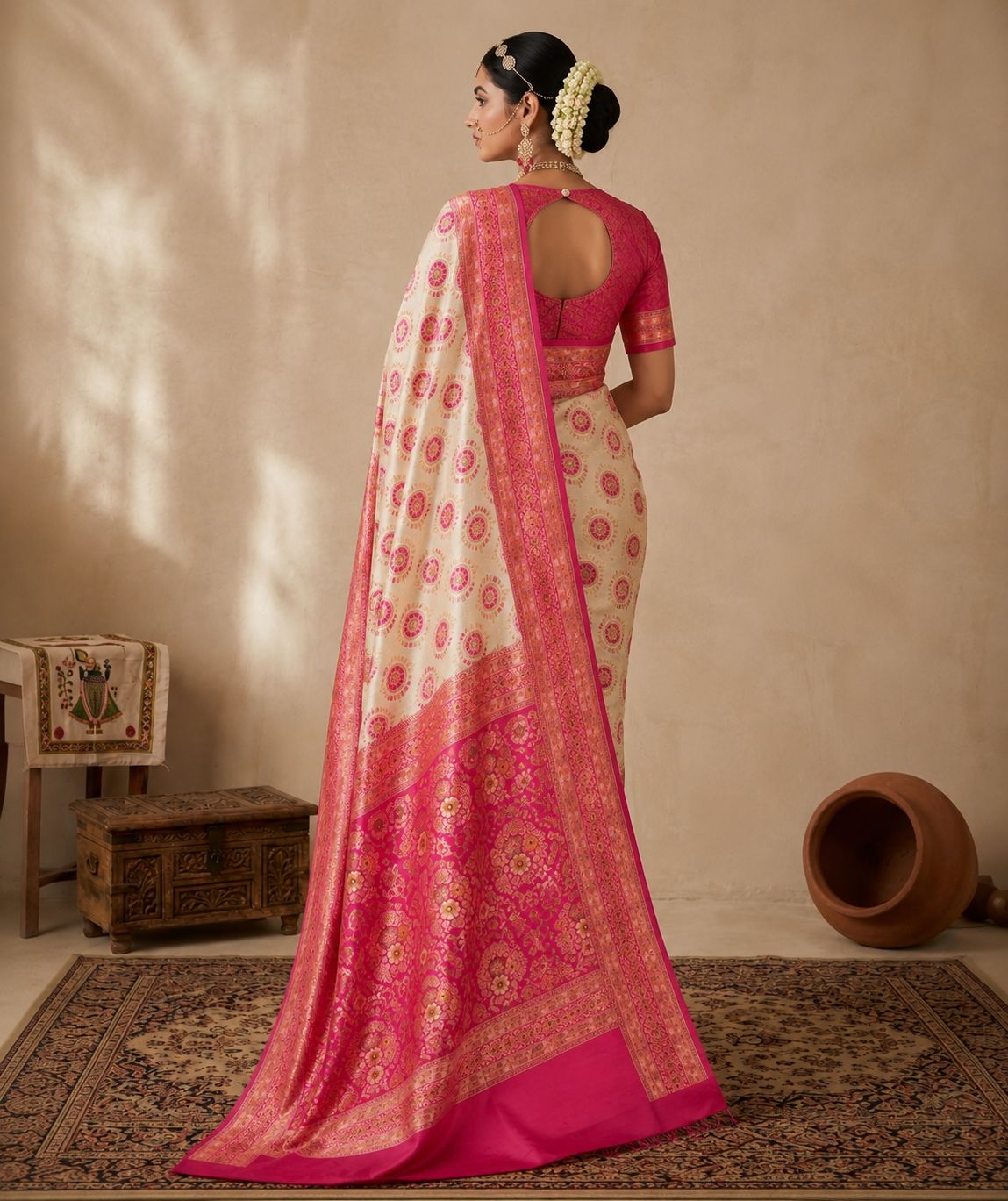Royal Ivory & Rani Pink Silk Saree