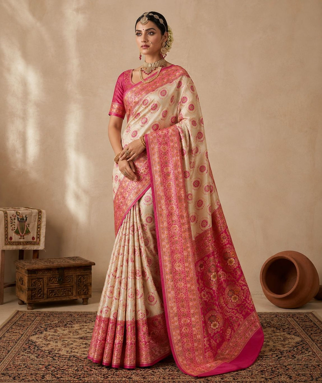Royal Ivory & Rani Pink Silk Saree