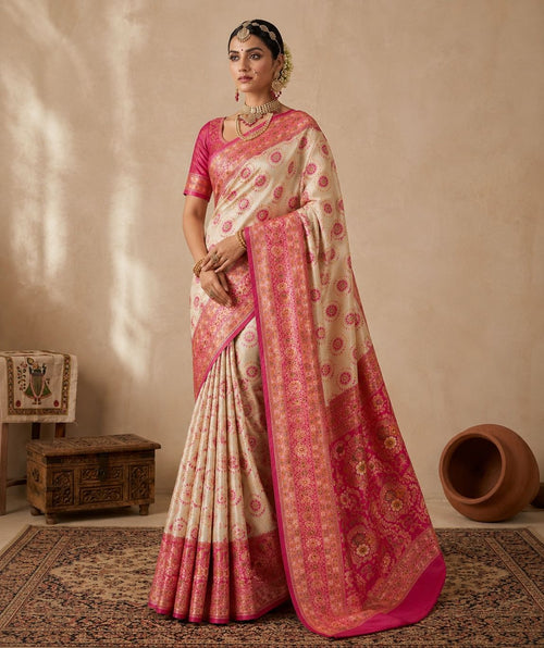 Royal Ivory & Rani Pink Silk Saree