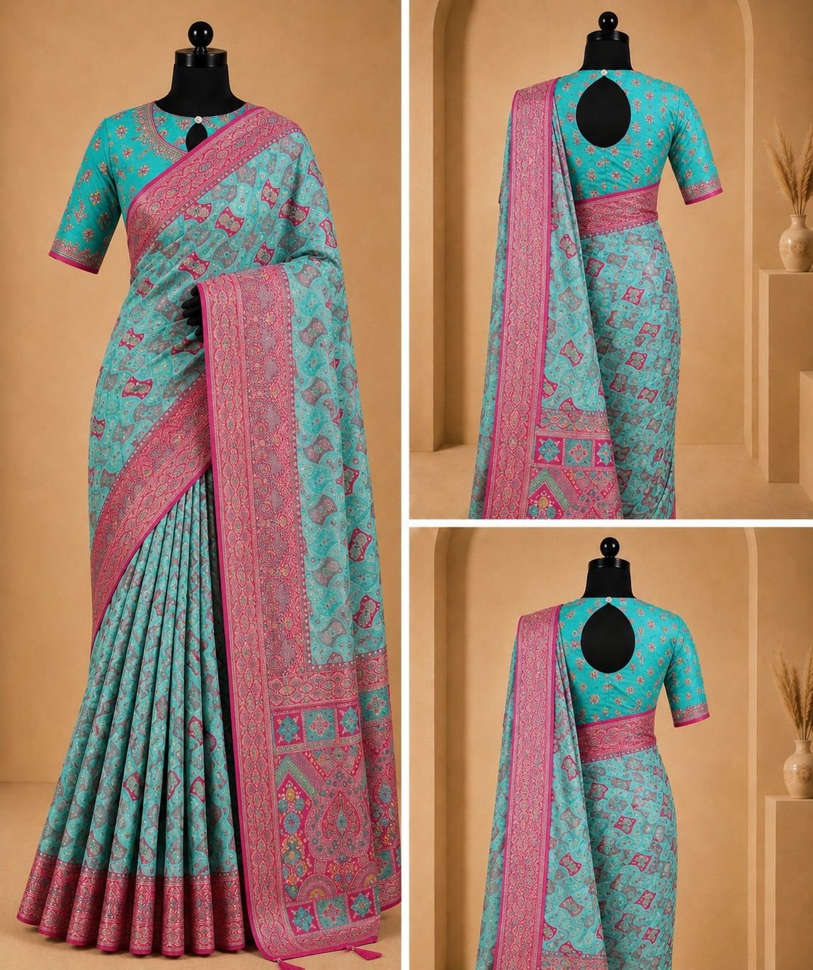 Premium Aqua Blue & Pink Silk Saree
