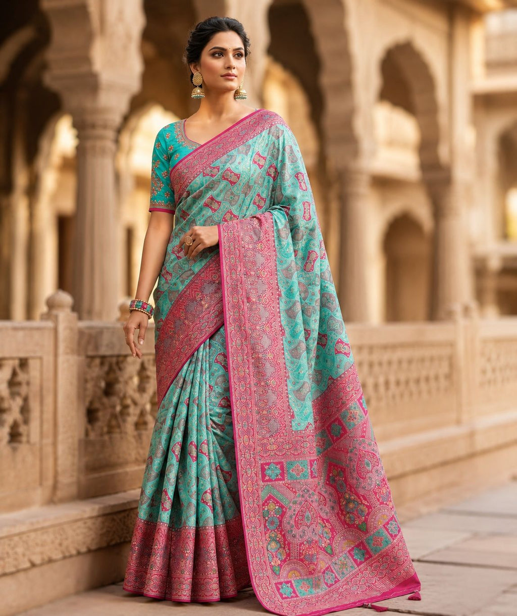 Premium Aqua Blue & Pink Silk Saree