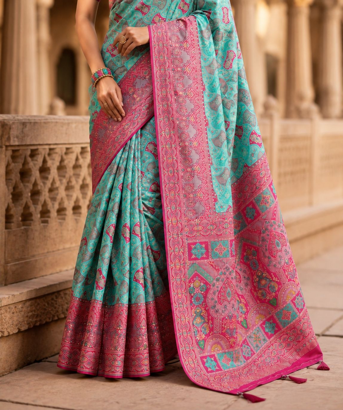 Premium Aqua Blue & Pink Silk Saree