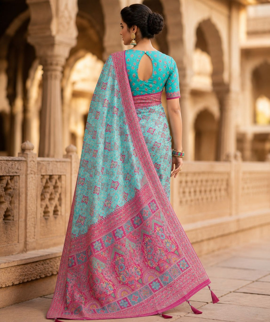 Premium Aqua Blue & Pink Silk Saree