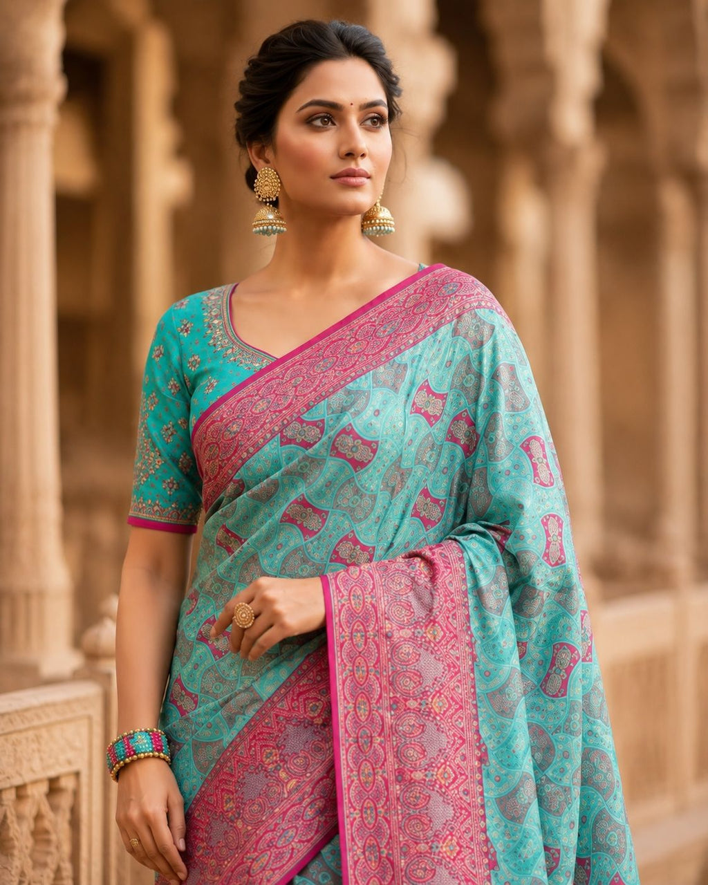 Premium Aqua Blue & Pink Silk Saree